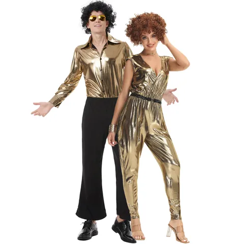 Retro 70s 80s Disco Costume Metallic Gold Jumpsuit And Top And Bottom Set For Men Women Music Festival Stage Performance Outfits