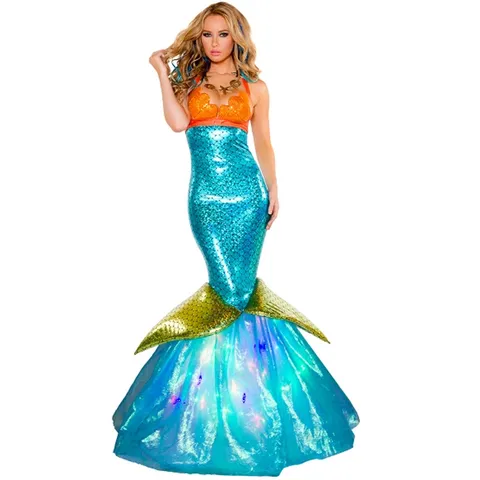 Women Halloween Mermaid Costume Sexy Sequin Shell Top And Fish Tail Skirt Set Cosplay Stage Performance Fancy Dress