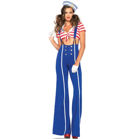 Women Sexy Sailor Costume Cosplay Uniform Red White Striped Top And Blue Flare Pants With Hat Gloves Halloween Party Wear