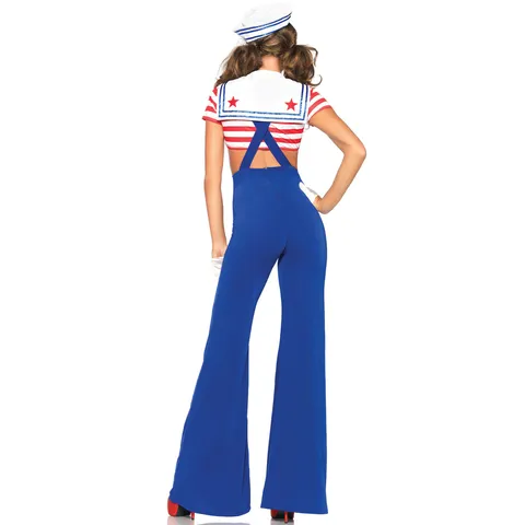 Women Sexy Sailor Costume Cosplay Uniform Red White Striped Top And Blue Flare Pants With Hat Gloves Halloween Party Wear