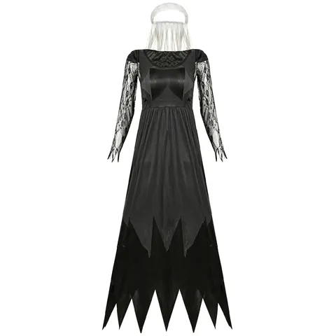 Women's Halloween Vampire Bride Costume Gothic Black Mesh Lace Long Dress Role Play Fancy Dress Party Outfit