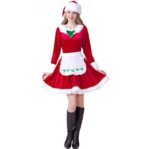 Robe de Noël Sexy pour Femme en Velours Rouge à Manches Longues Avec Bonnet de Noël Tablier pour Fête Spectacle Tenue de Cosplay
