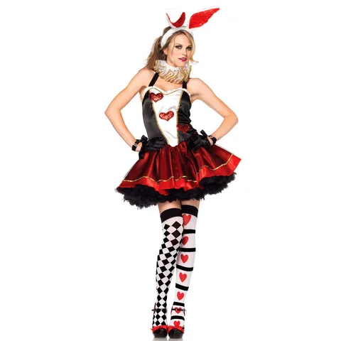 Costume de Jeu de Rôle de Lapine Sexy pour Femmes Robe de Fête Halloween Oreilles de Lapin Gants Rouge Noir Motif Coeur Polyester Satin
