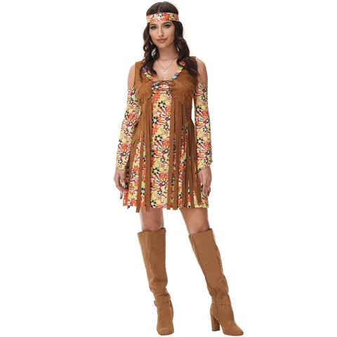 Costume de Hippie Rétro des Années 70 pour Femme Ensemble Robe Disco Imprimé Floral Avec Bandeau Gilet à Franges