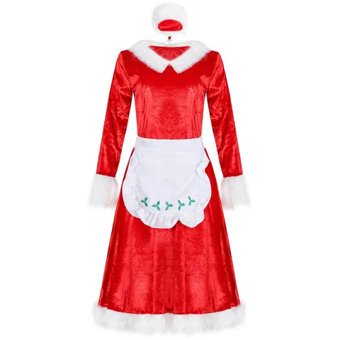 Robe de Noël Sexy pour Femme en Velours Rouge à Manches Longues Avec Bonnet de Noël Tablier pour Fête Spectacle Tenue de Cosplay