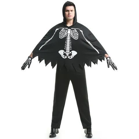 Costume De Squelette D'Halloween Grim Reaper En Polyester Cape À Capuche Haut Et Bas Unisexe Imprimé D'os Effrayant Tenue De Fête Cosplay