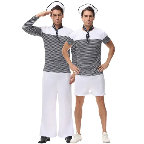 Heren Gestreepte Matrozenpak Halloween Kostuum Britse Marine Uniform Cosplay Outfit Met Hoed Stropdas Overhemd Broek Voor Feest