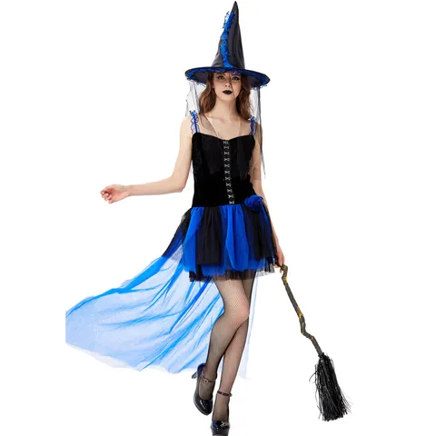 Costume de Sorcière d'Halloween pour Femme Robe Adulte Gothique Dentelle Patchwork Tenue de Fête de Jeu de Rôle Avec Chapeau de Sorcière