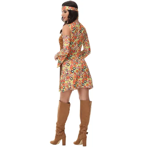 Costume de Hippie Rétro des Années 70 pour Femme Ensemble Robe Disco Imprimé Floral Avec Bandeau Gilet à Franges
