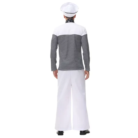 Heren Gestreepte Matrozenpak Halloween Kostuum Britse Marine Uniform Cosplay Outfit Met Hoed Stropdas Overhemd Broek Voor Feest