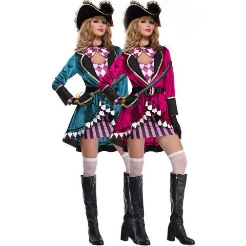Women Caribbean Pirate Cosplay Costume Halloween Party Performance Outfit Velvet Jacket Dress And Hat Accessories