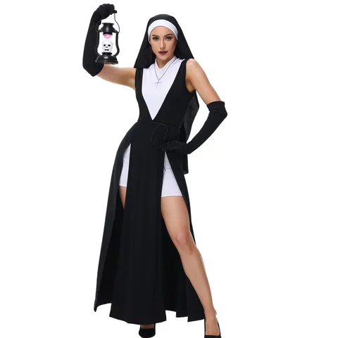 Costume da Suora Gotica da Donna Set Vestito Maxi con Spacco Cappuccio Guanti Abbigliamento da Cosplay