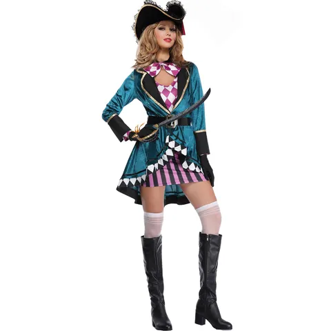 Women Caribbean Pirate Cosplay Costume Halloween Party Performance Outfit Velvet Jacket Dress And Hat Accessories