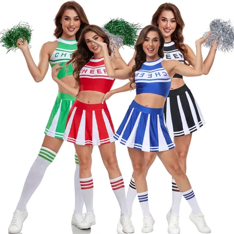 Ensemble de Costume de Cheerleader Sexy pour Femmes Haut Court Imprimé Lettres et Mini Jupe Plissée Uniforme pour Performance Scène Cosplay