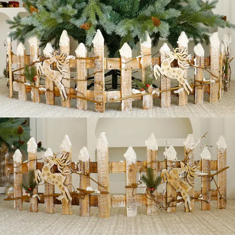 Cerca de Árbol de Navidad de Madera Rústica Natural Con Alce Casa Agujas de Pino Bayas Rojas Efecto Nieve para Decoración del Hogar