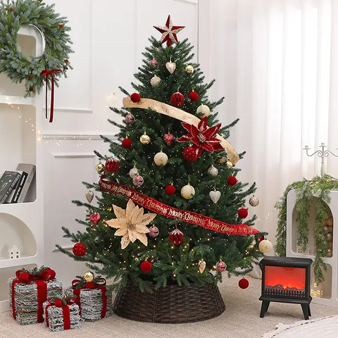 Gran Árbol de Navidad Artificial Kit Con Ornamentos Rojo Dorado Estrella Cima de Árbol DIY Decoración de Suelo Hogar Festivo