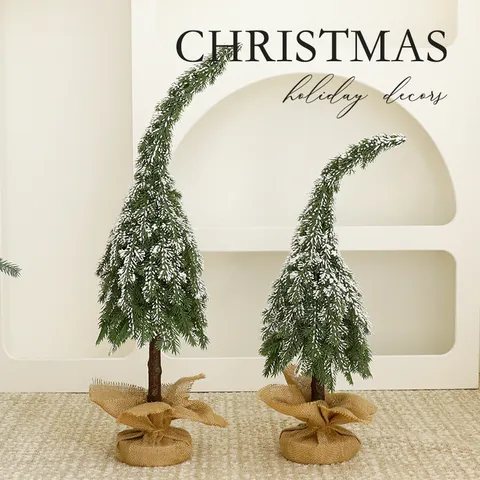 Addobbo per Albero di Natale a Punta Curva Con Base in Iuta Albero Artificiale in PE Con Pigne e Bacche Effetto Neve per Decorazione Tavolo Casa