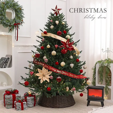Gran Árbol de Navidad Artificial Kit Con Ornamentos Rojo Dorado Estrella Cima de Árbol DIY Decoración de Suelo Hogar Festivo