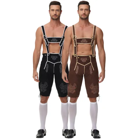 Men's Oktoberfest Costume Traditional Bavarian Lederhosen Shorts With Suspenders And Red Plaid Shirt Top For German Beer Festival Party Performance
