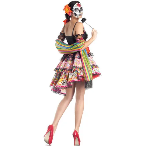 Women Halloween Skeleton Print Vampire Bride Cosplay Dress Headpiece Shawl Sleeves Costume For Day Of The Dead Party