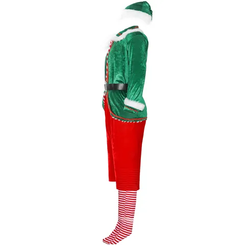 Set Costume da Elfo di Natale da Uomo Top in Velluto Verde e Pantaloni Rossi Con Cappello Cintura Calze Abbigliamento Cosplay Festivo