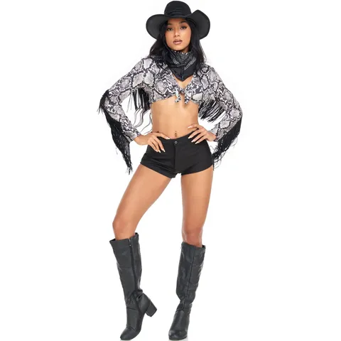 Women Snake Skin Print Fringe Crop Top And Shorts Set Western Cowboy Stage Performance Costume Music Festival Outfit