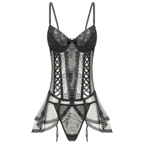 Damen Sexy Lingerie Wimpernspitze Durchsichtig Korsett Unterkleid Und Slip Mit Strapshalter Schwarz Weiß Mesh Nachtwäsche