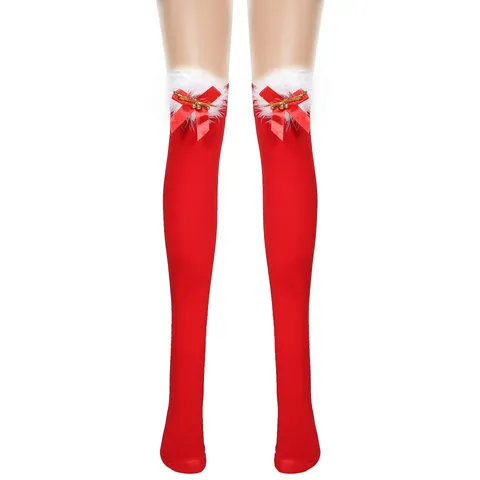 Damen Nylon Weihnachtsstrümpfe Overknee Mit Schleife Kunstpelzbesatz Rot Einfarbig Und Netzstrümpfe Für Weihnachtsfeier