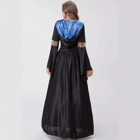 Women Halloween Hooded Witch Costume Evil Queen Cosplay Dress Starry Sky Print Lace Patchwork Medieval Fancy Party Outfit