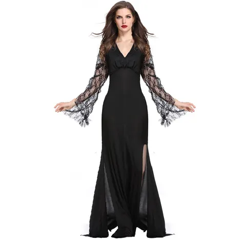 Women Halloween Gothic Vampire Witch Dress Cosplay Costume Black Milk Silk Lace V-Neck High Slit Maxi Dress Party Outfit