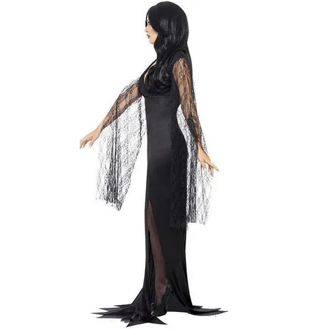 Women Halloween Gothic Vampire Witch Dress Cosplay Costume Black Milk Silk Lace V-Neck High Slit Maxi Dress Party Outfit