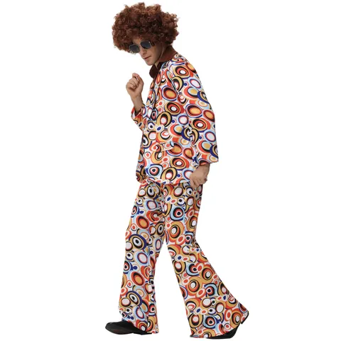 Conjunto de Disfraz de Actuación Disco Vintage de los 80 con Estampado Geométrico Manga Acampanada Retro Atuendos para Halloween Pareja Fiesta Vestido Mujer