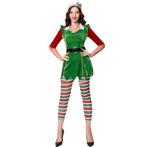 Ensemble De Costume Cosplay Elfe De Noël Pour Femmes Robe En Velours Vert Haut Rouge Manches Longues Leggings Rayés Chapeau Ceinture Tenue De Fête