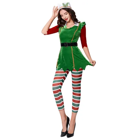Ensemble De Costume Cosplay Elfe De Noël Pour Femmes Robe En Velours Vert Haut Rouge Manches Longues Leggings Rayés Chapeau Ceinture Tenue De Fête