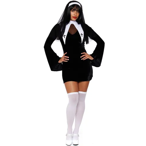 Déguisement de Nonne d'Halloween pour Femme en Polyester Robe de Cosplay à Manches Longues Avec Coiffe Noir Blanc Tenue de Jeu de Rôle Uniforme de Scène