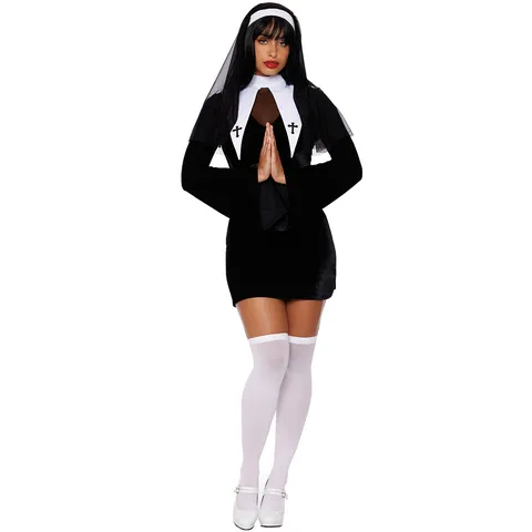 Déguisement de Nonne d'Halloween pour Femme en Polyester Robe de Cosplay à Manches Longues Avec Coiffe Noir Blanc Tenue de Jeu de Rôle Uniforme de Scène