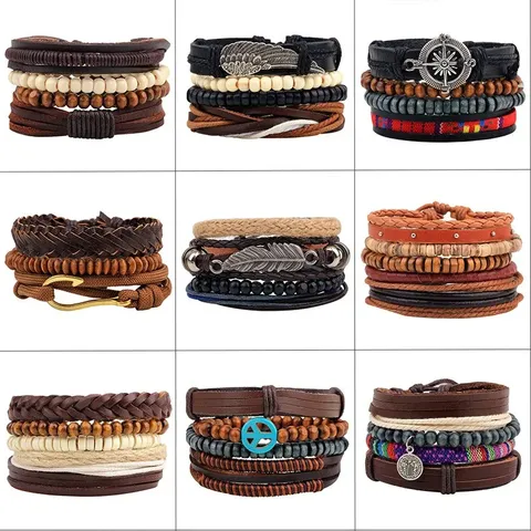 Pulsera Tejida de Cuero Multicapa Vintage Cuentas de Madera Bohemio Ajustable Dije de Aleación Étnica Pulsera Enrollada para Hombre Mujer