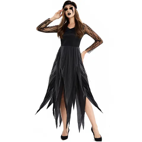 Halloween Ghost Bride Costume Women Gothic Black Lace Long Sleeve Dress With Headpiece Vampire Zombie Cosplay Party Fancy Dress