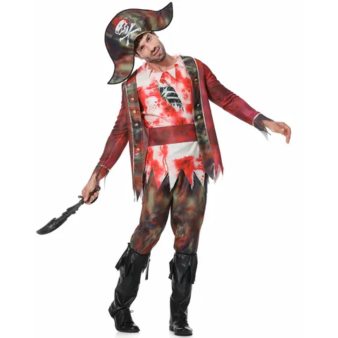 Men Caribbean Pirate Captain Costume Halloween Bloodstained Zombie Outfit Set With Hat Top Pants Boot Covers Cosplay