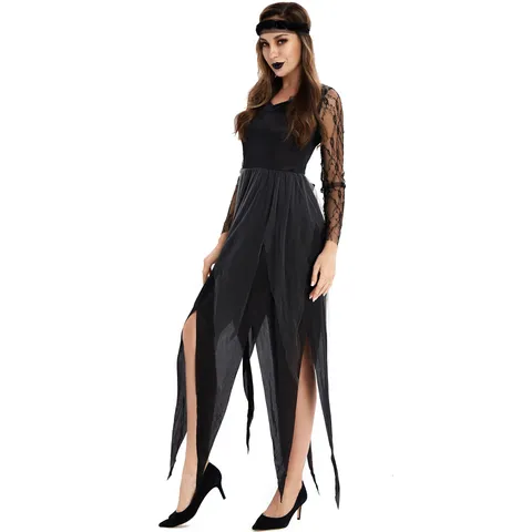 Halloween Ghost Bride Costume Women Gothic Black Lace Long Sleeve Dress With Headpiece Vampire Zombie Cosplay Party Fancy Dress