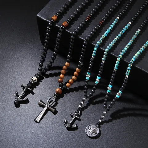 Men Pendant Necklace Retro Alloy Anchor Cross Lava Stone Beaded Long Chain Necklace Hip Hop Punk Charm Jewelry Gift