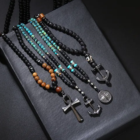 Men Pendant Necklace Retro Alloy Anchor Cross Lava Stone Beaded Long Chain Necklace Hip Hop Punk Charm Jewelry Gift