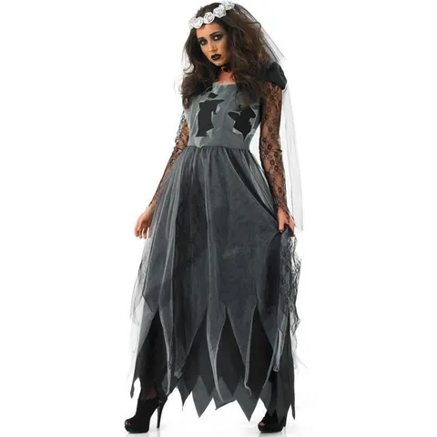 Women's Halloween Vampire Bride Costume Gothic Black Mesh Lace Long Dress Role Play Fancy Dress Party Outfit