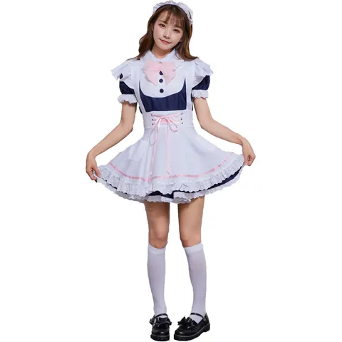 Women Japanese Maid Costume Cosplay Anime Dress Set For Halloween Party Cotton Blend Blue White Outfit With Apron Headband