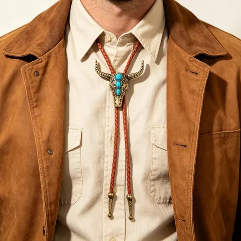 Vintage Western Cowboy Bolo Tie Bull Head Pendant Retro Natural Stone Turquoise Inlaid Braided Waxed Cord Necklace For Men Women