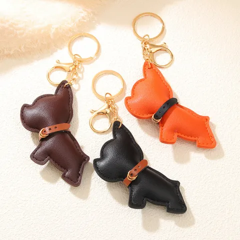Lindo Llavero de Cuero PU de Bulldog Francés Cachorro de Dibujos Animados Dije de Bolso Colgante de Animal Anillo de Llaves de Coche Accesorios de Billetera
