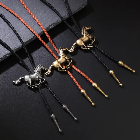 Vintage Western Cowboy Horse Bolo Tie For Men Women Alloy Horse Pendant Braided Waxed Leather Cord Adjustable Shirt Chain
