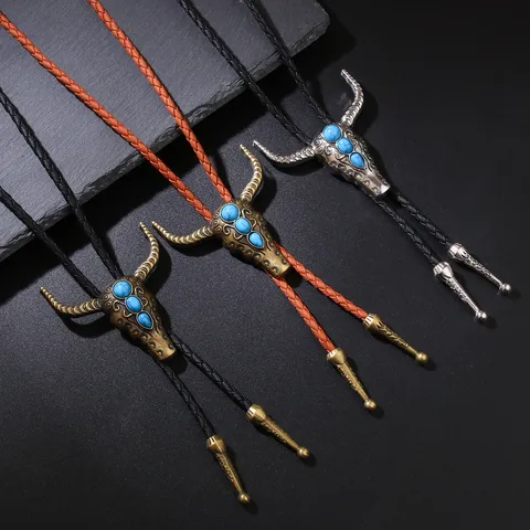Vintage Western Cowboy Bolo Tie Bull Head Pendant Retro Natural Stone Turquoise Inlaid Braided Waxed Cord Necklace For Men Women