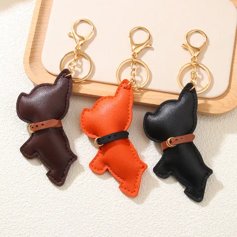 Lindo Llavero de Cuero PU de Bulldog Francés Cachorro de Dibujos Animados Dije de Bolso Colgante de Animal Anillo de Llaves de Coche Accesorios de Billetera