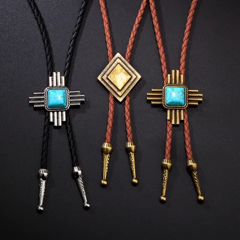 Retro Western Cowboy Bolo Tie Para Hombres Mujeres Turquesa Geométrico Aleación Colgante Trenzado Cordón de Cuero Collar Joyería de Moda